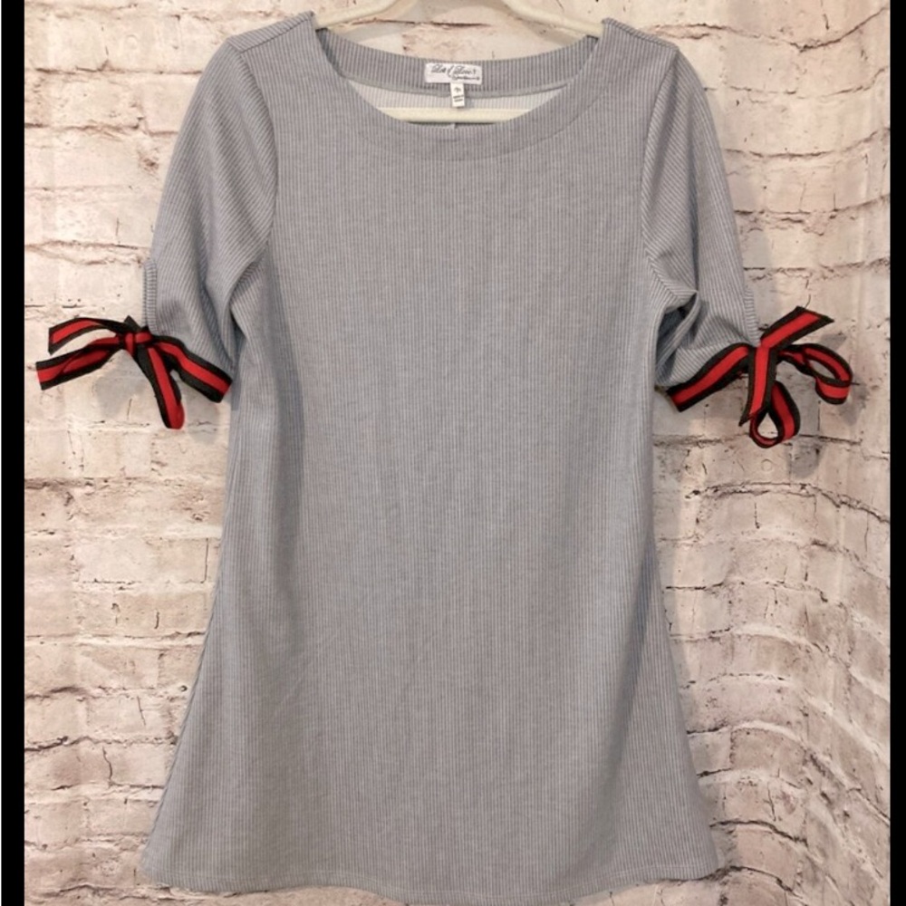 Speechless Shift Dress Medium Gray Striped -Red Tie Sleeves